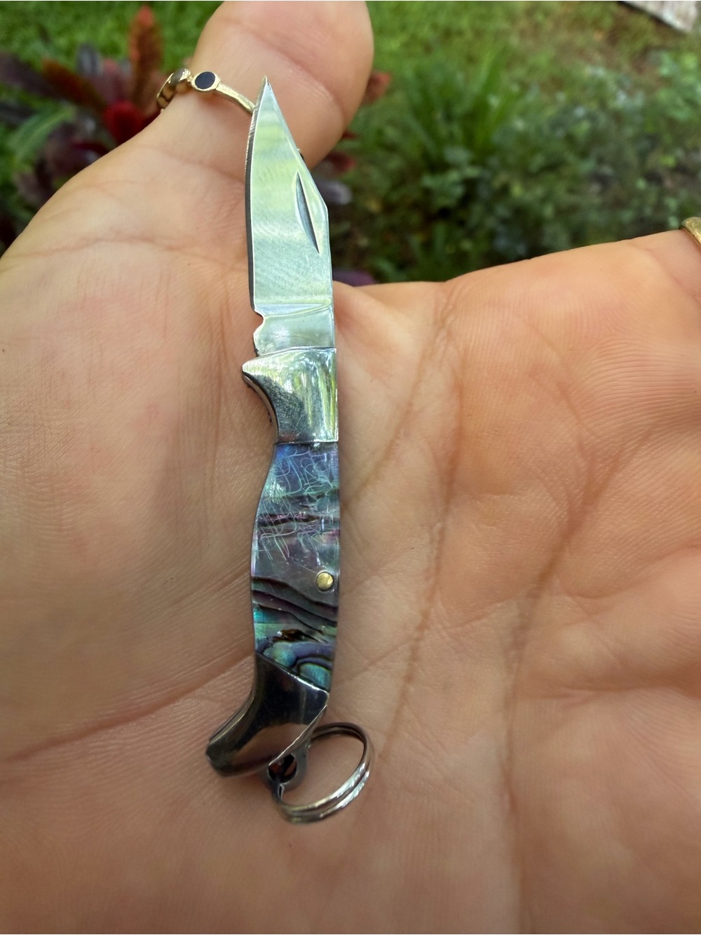 Iridescent Abalone Pocket Knife Keychain in Blue-Green
